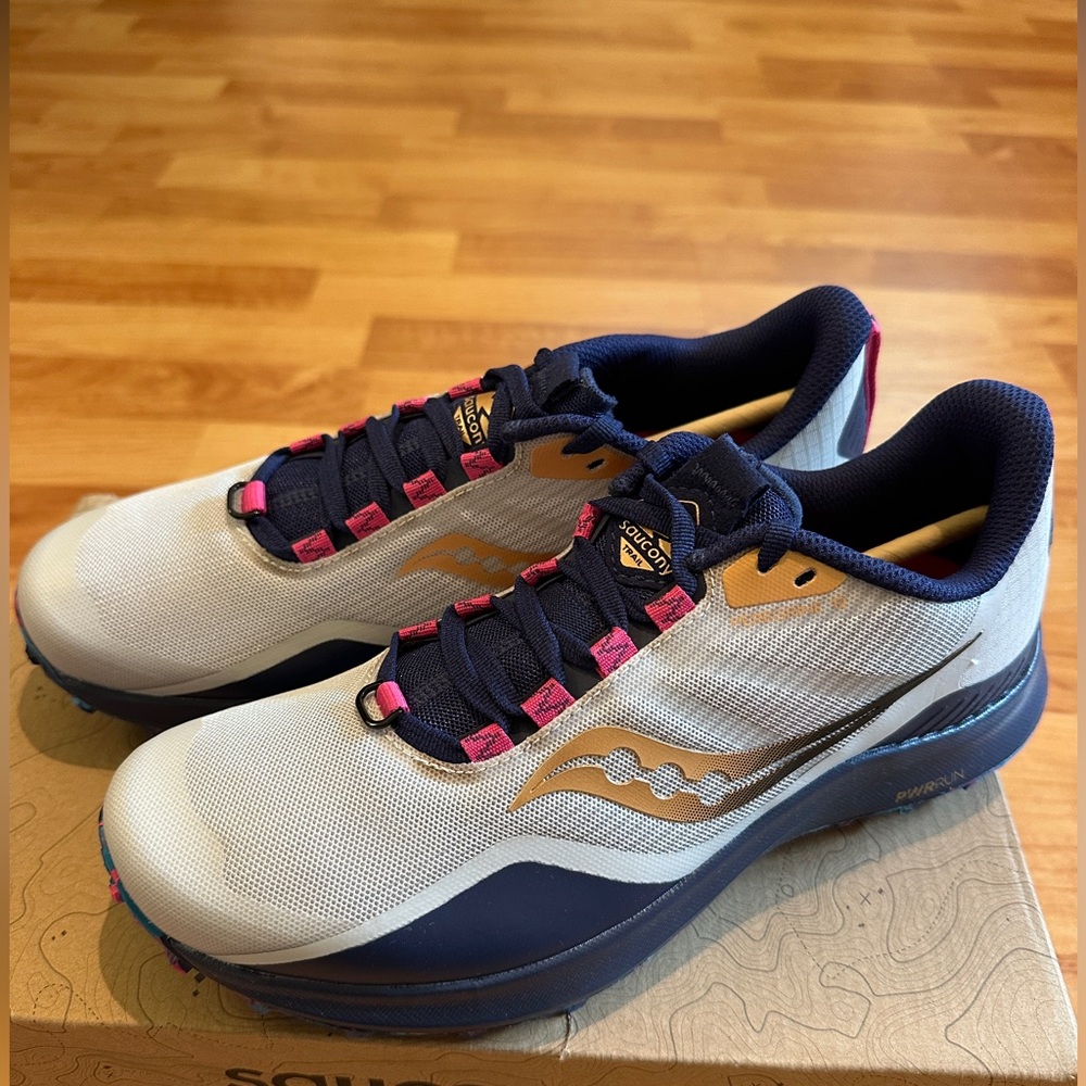 Women’s Saucony Peregrine 12 Trail Running Shoes - Navy, Gold, and Pink